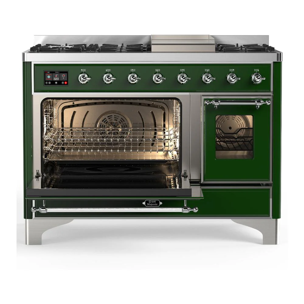 Ilve UM48FNR3EGCLP Ilve Um48Fnr3Egclp Majestic Iii 48 Inch Dual Fuel Range With 8 Burners And Griddle, Dual Function Burner Up To 25,000 Btu (Liquid Propane, Triple Glass Door, Emerald Green, Chrome) - Image 3