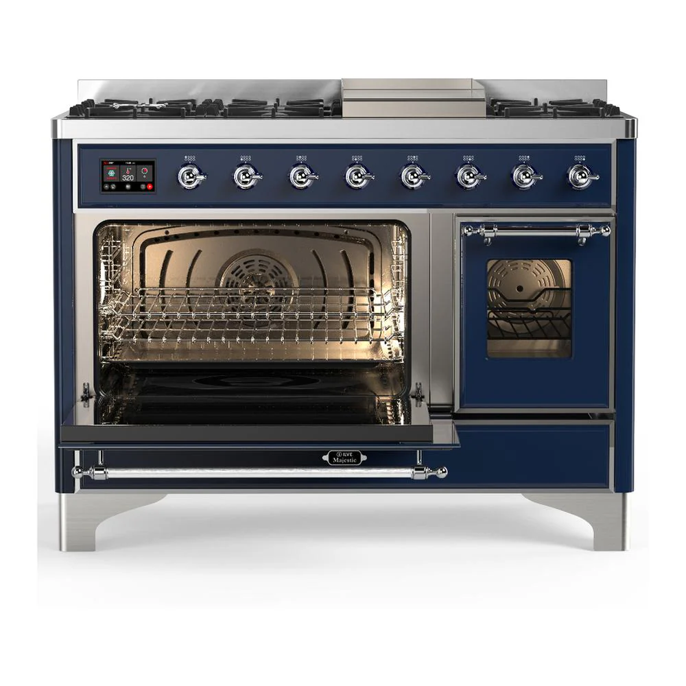 Ilve UM48FNR3MBCLP Ilve Um48Fnr3Mbclp Majestic Iii 48 Inch Dual Fuel Range With 8 Burners And Griddle, Dual Function Burner Up To 25,000 Btu (Liquid Propane, Triple Glass Door, Midnight Blue, Chrome) - Image 3