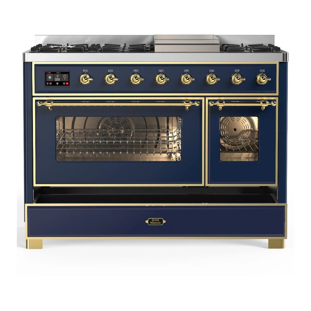 Ilve UM48FNR3MBGLP Ilve Um48Fnr3Mbglp Majestic Iii 48 Inch Dual Fuel Range With 8 Burners And Griddle, Dual Function Burner Up To 25,000 Btu (Liquid Propane, Triple Glass Door, Midnight Blue, Brass) - Image 5