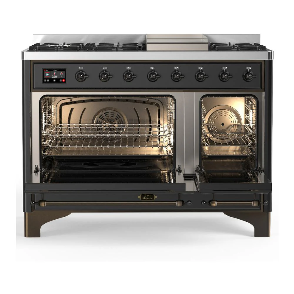 Ilve UM48FNR3MGBLP Ilve Um48Fnr3Mgblp Majestic Iii 48 Inch Dual Fuel Range With 8 Burners And Griddle, Dual Function Burner Up To 25,000 Btu (Liquid Propane, Triple Glass Door, Graphite Matte, Burnished) - Image 2