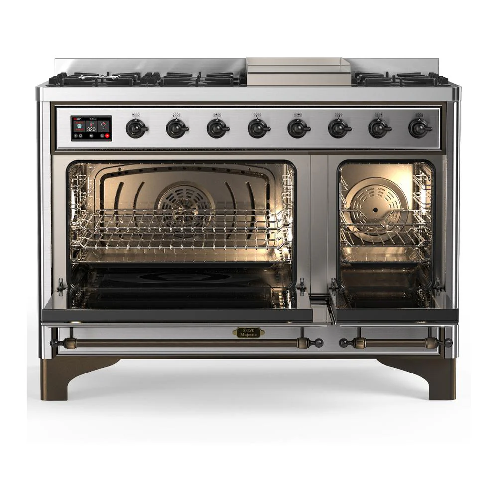 Ilve UM48FNR3SSBLP Ilve Um48Fnr3Ssblp Majestic Iii 48 Inch Dual Fuel Range With 8 Burners And Griddle, Dual Function Burner Up To 25,000 Btu (Liquid Propane, Triple Glass Door, Stainless Steel, Burnished) - Image 2