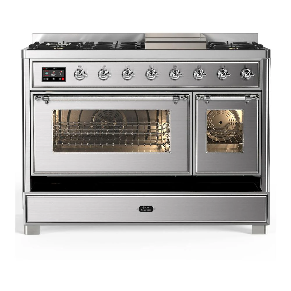Ilve UM48FNR3SSC Ilve Um48Fnr3Ssc Majestic Iii 48 Inch Dual Fuel Range With 8 Burners And Griddle, Dual Function Burner Up To 25,000 Btu (Natural Gas, Triple Glass Door, Stainless Steel, Chrome) - Image 5