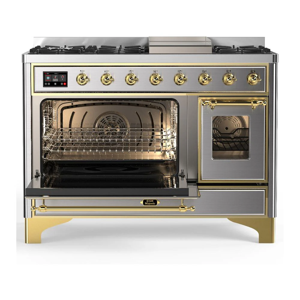 Ilve UM48FNR3SSGLP Ilve Um48Fnr3Ssglp Majestic Iii 48 Inch Dual Fuel Range With 8 Burners And Griddle, Dual Function Burner Up To 25,000 Btu (Liquid Propane, Triple Glass Door, Stainless Steel, Brass) - Image 3