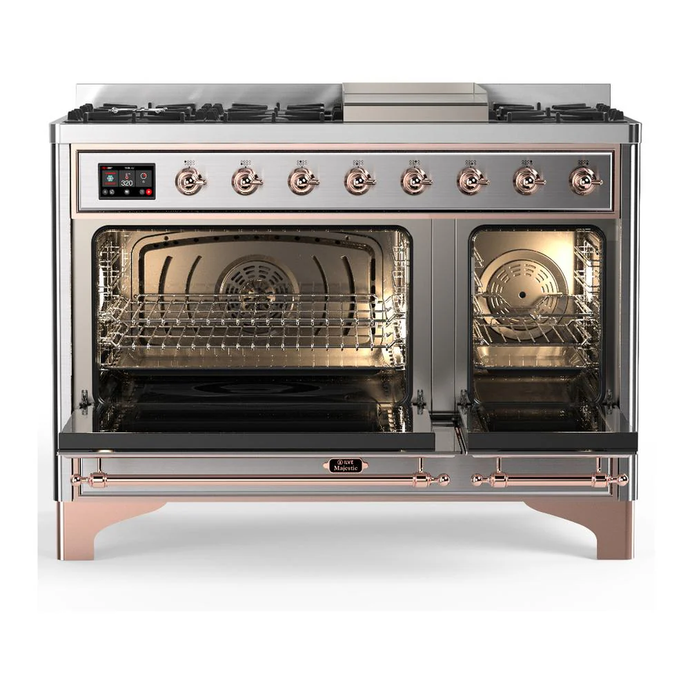 Ilve UM48FNR3SSPLP Ilve Um48Fnr3Ssplp Majestic Iii 48 Inch Dual Fuel Range With 8 Burners And Griddle, Dual Function Burner Up To 25,000 Btu (Liquid Propane, Triple Glass Door, Stainless Steel, Copper) - Image 2