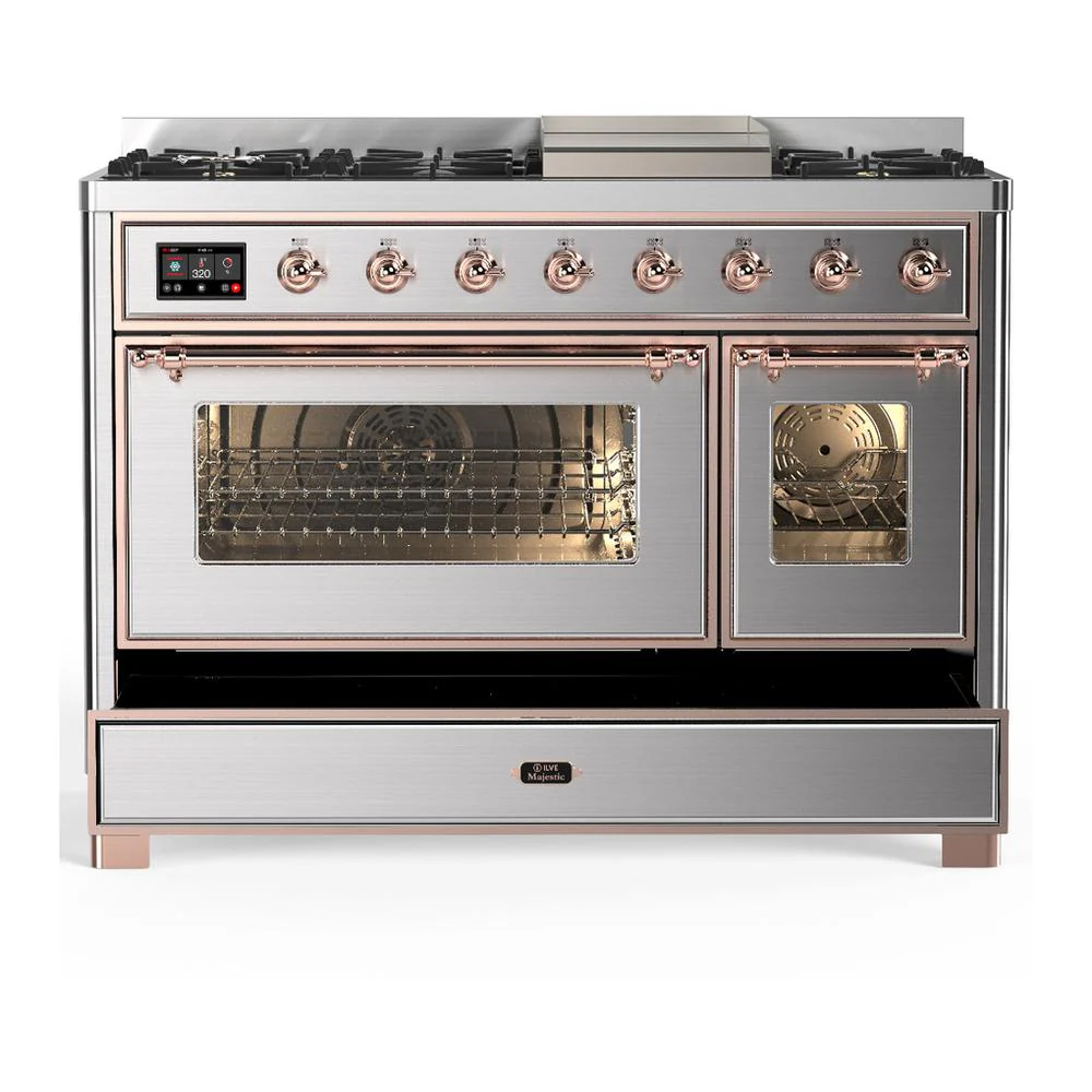 Ilve UM48FNR3SSPLP Ilve Um48Fnr3Ssplp Majestic Iii 48 Inch Dual Fuel Range With 8 Burners And Griddle, Dual Function Burner Up To 25,000 Btu (Liquid Propane, Triple Glass Door, Stainless Steel, Copper) - Image 5