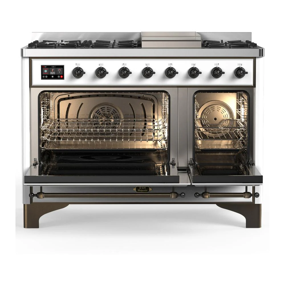 Ilve UM48FNR3WHBLP Ilve Um48Fnr3Whblp Majestic Iii 48 Inch Dual Fuel Range With 8 Burners And Griddle, Dual Function Burner Up To 25,000 Btu (Liquid Propane, Triple Glass Door, White, Burnished) - Image 2
