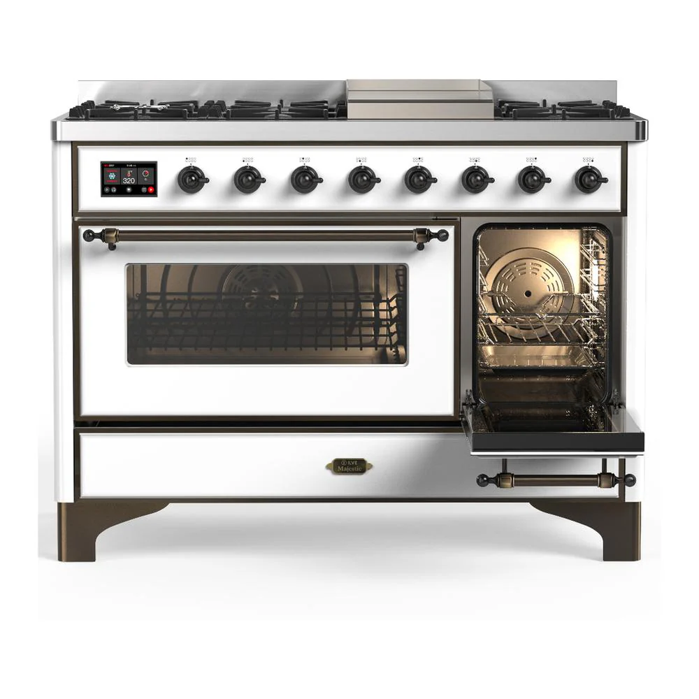 Ilve UM48FNR3WHBLP Ilve Um48Fnr3Whblp Majestic Iii 48 Inch Dual Fuel Range With 8 Burners And Griddle, Dual Function Burner Up To 25,000 Btu (Liquid Propane, Triple Glass Door, White, Burnished) - Image 4