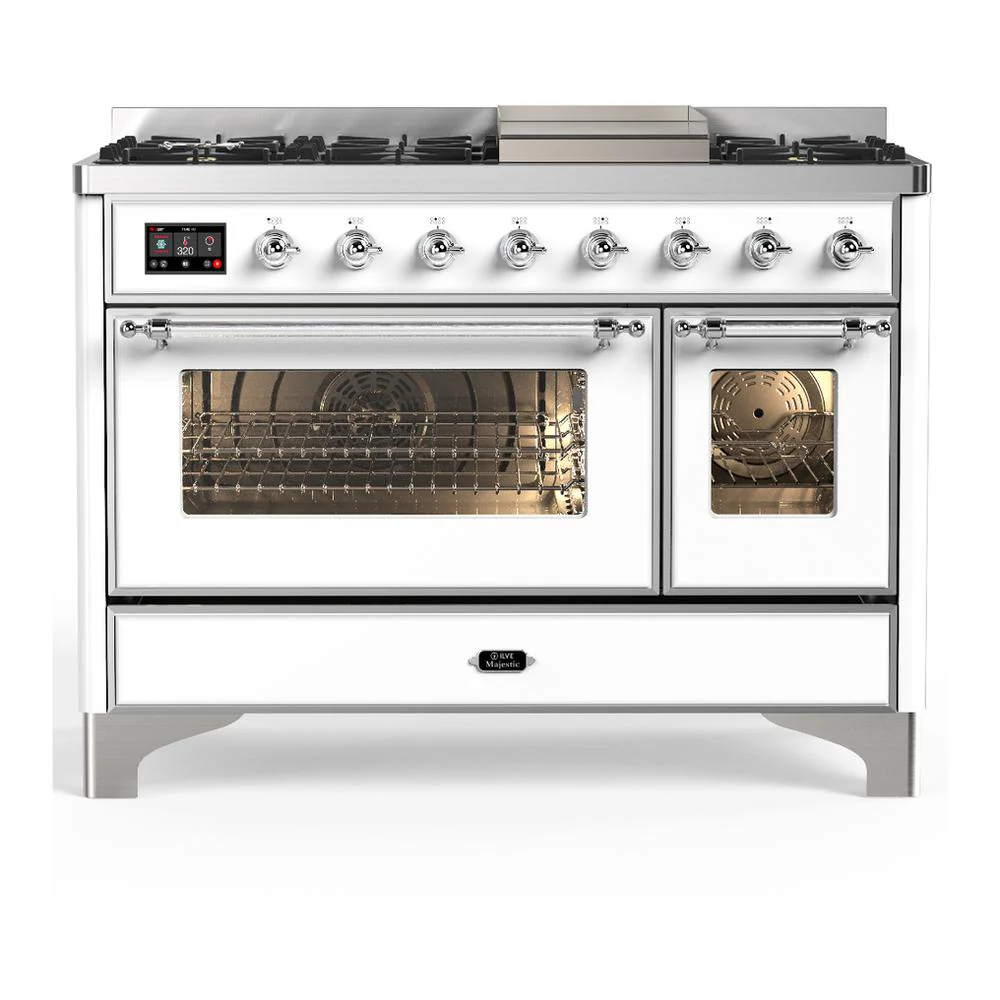 Ilve UM48FNR3WHC Ilve Um48Fnr3Whc Majestic Iii 48 Inch Dual Fuel Range With 8 Burners And Griddle, Dual Function Burner Up To 25,000 Btu (Natural Gas, Triple Glass Door, White, Chrome)