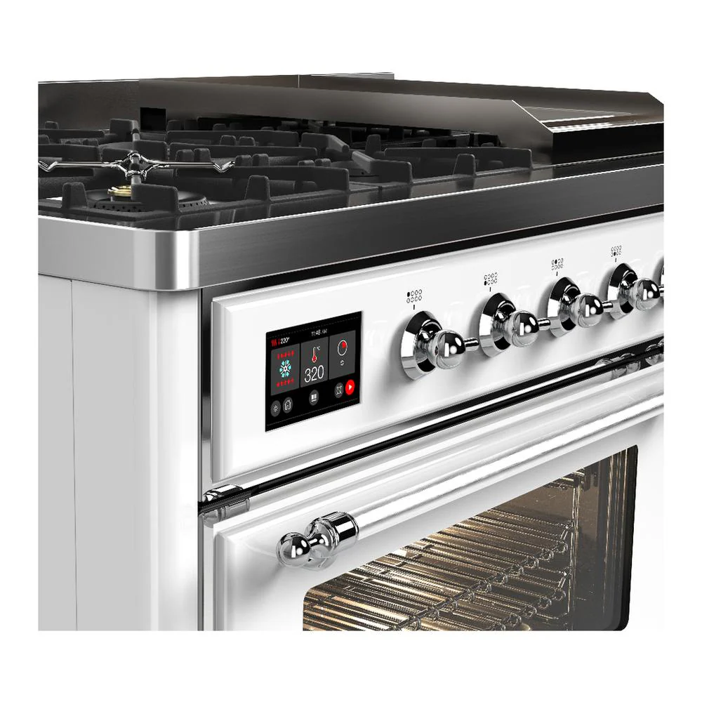 Ilve UM48FNR3WHCLP Ilve Um48Fnr3Whclp Majestic Iii 48 Inch Dual Fuel Range With 8 Burners And Griddle, Dual Function Burner Up To 25,000 Btu (Liquid Propane, Triple Glass Door, White, Chrome) - Image 7