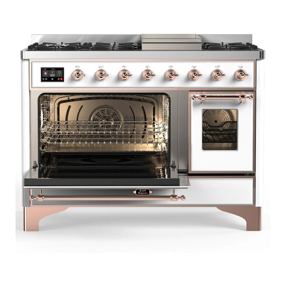Ilve UM48FNR3WHP Ilve Um48Fnr3Whp Majestic Iii 48 Inch Dual Fuel Range With 8 Burners And Griddle, Dual Function Burner Up To 25,000 Btu (Natural Gas, Triple Glass Door, White, Copper) - Image 3