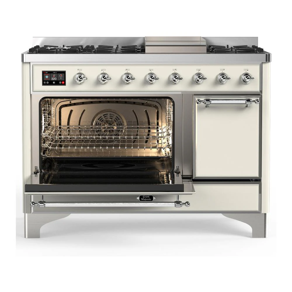 Ilve UM48FQNR3AWC Ilve Um48Fqnr3Awc Majestic Iii 48 Inch Dual Fuel Range With 8 Burners And Griddle, Dual Function Burner Up To 25,000 Btu (Natural Gas, Solid Door, Antique White, Chrome) - Image 3