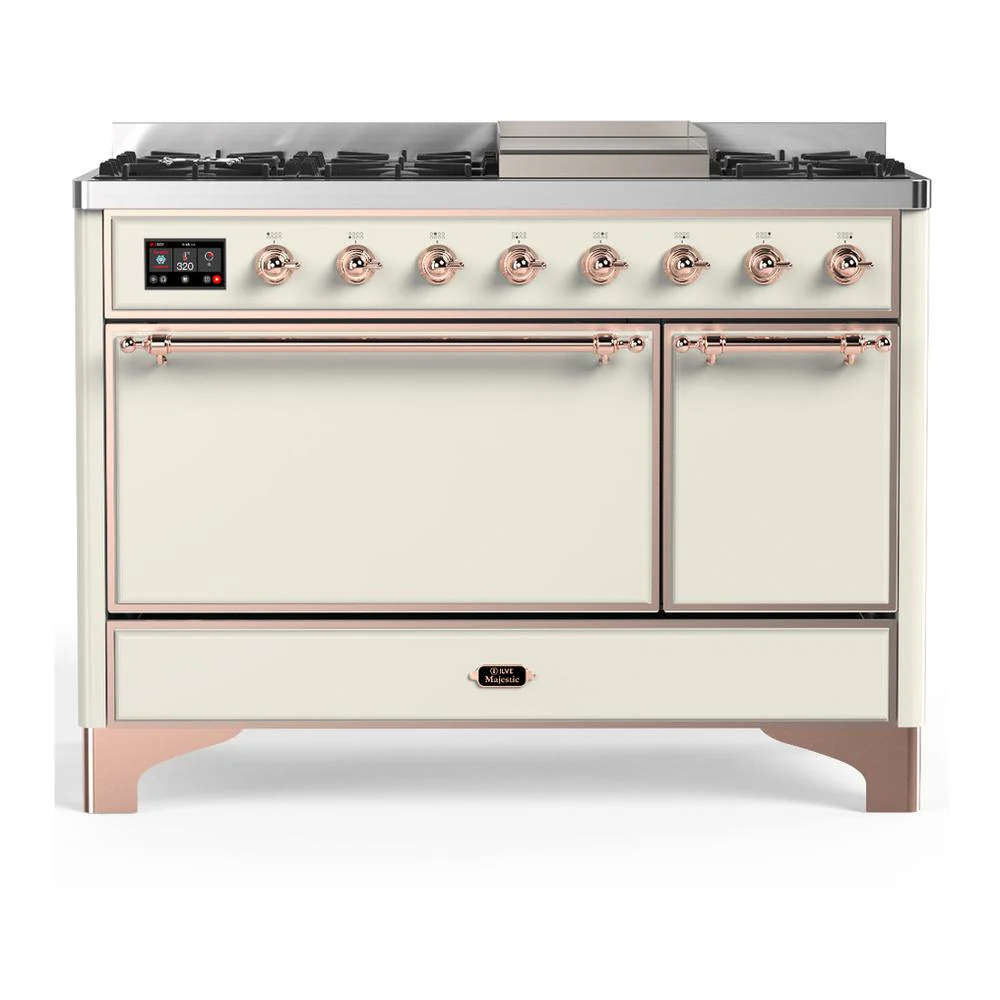 Ilve UM48FQNR3AWPLP Ilve Um48Fqnr3Awplp Majestic Iii 48 Inch Dual Fuel Range With 8 Burners And Griddle, Dual Function Burner Up To 25,000 Btu (Liquid Propane, Solid Door, Antique White, Copper)