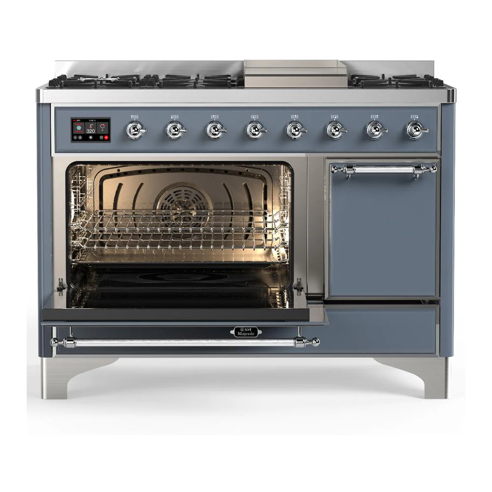 Ilve UM48FQNR3BGC Ilve Um48Fqnr3Bgc Majestic Iii 48 Inch Dual Fuel Range With 8 Burners And Griddle, Dual Function Burner Up To 25,000 Btu (Natural Gas, Solid Door, Blue Grey, Chrome) - Image 3