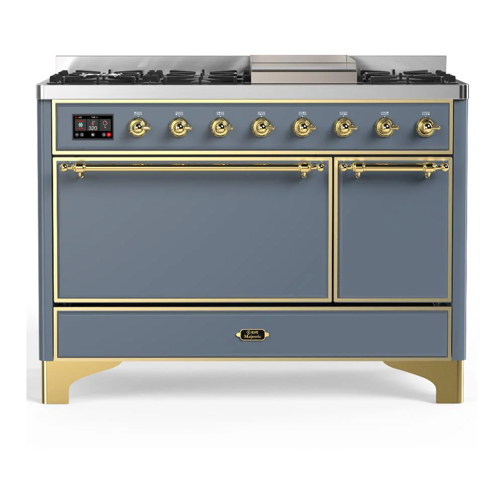Ilve UM48FQNR3BGG Ilve Um48Fqnr3Bgg Majestic Iii 48 Inch Dual Fuel Range With 8 Burners And Griddle, Dual Function Burner Up To 25,000 Btu (Natural Gas, Solid Door, Blue Grey, Brass)