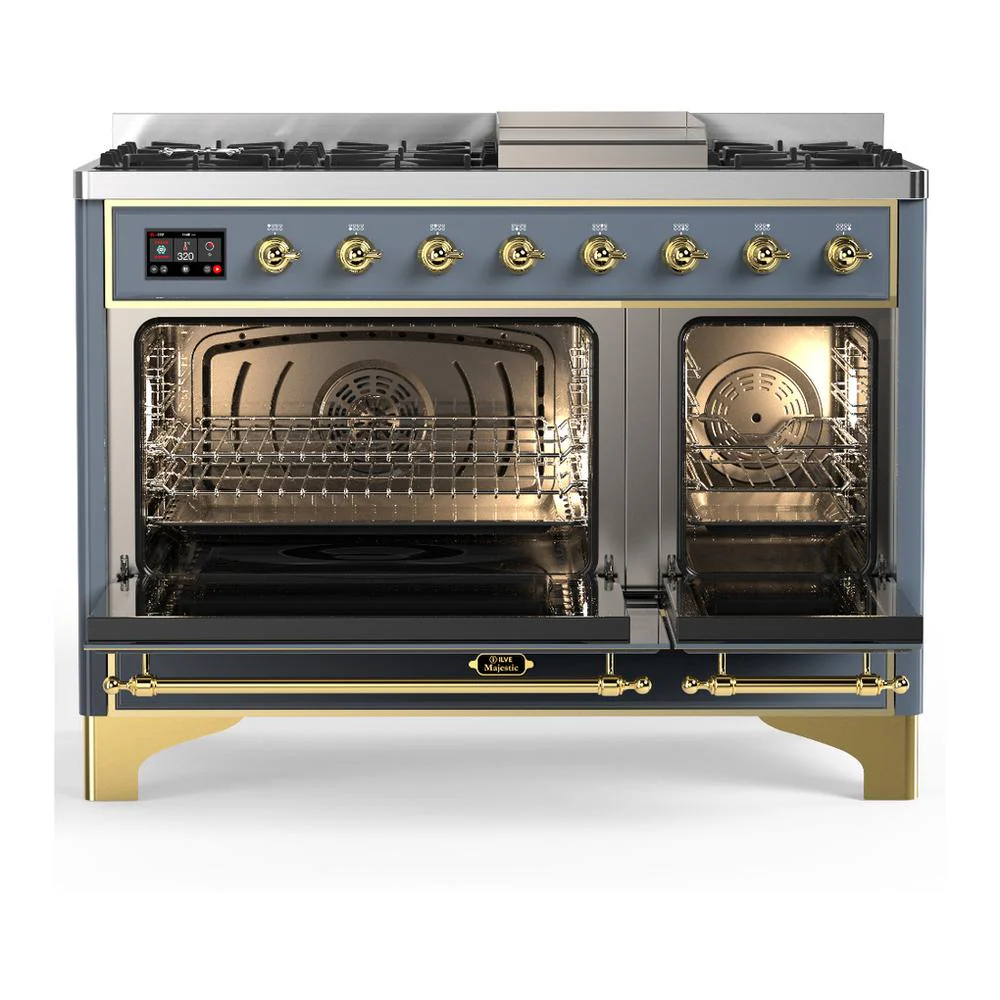 Ilve UM48FQNR3BGG Ilve Um48Fqnr3Bgg Majestic Iii 48 Inch Dual Fuel Range With 8 Burners And Griddle, Dual Function Burner Up To 25,000 Btu (Natural Gas, Solid Door, Blue Grey, Brass) - Image 2