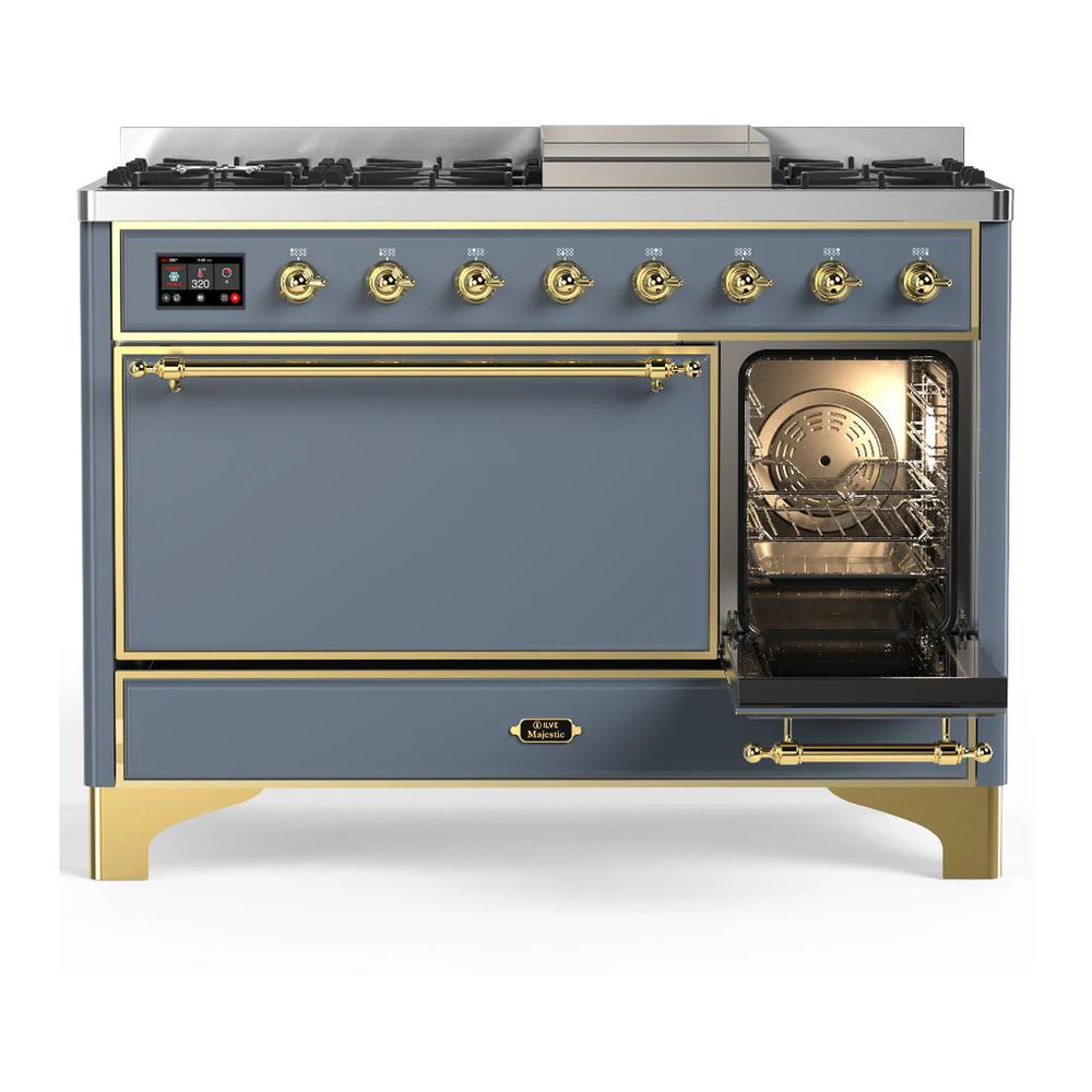 Ilve UM48FQNR3BGG Ilve Um48Fqnr3Bgg Majestic Iii 48 Inch Dual Fuel Range With 8 Burners And Griddle, Dual Function Burner Up To 25,000 Btu (Natural Gas, Solid Door, Blue Grey, Brass) - Image 4