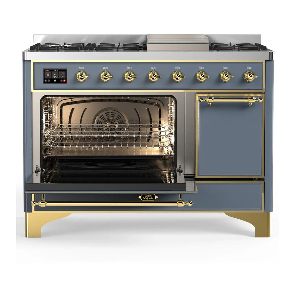 Ilve UM48FQNR3BGGLP Ilve Um48Fqnr3Bgglp Majestic Iii 48 Inch Dual Fuel Range With 8 Burners And Griddle, Dual Function Burner Up To 25,000 Btu (Liquid Propane, Solid Door, Blue Grey, Brass) - Image 3