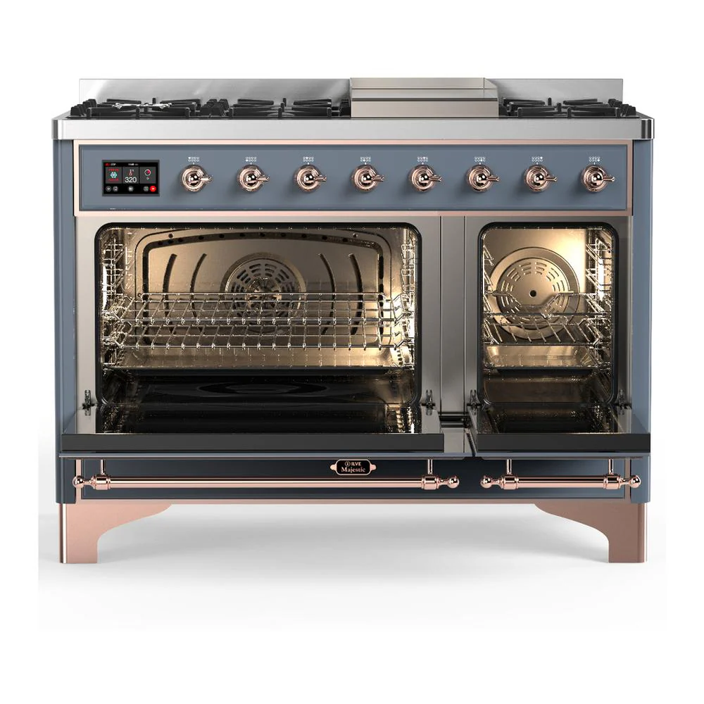 Ilve UM48FQNR3BGP Ilve Um48Fqnr3Bgp Majestic Iii 48 Inch Dual Fuel Range With 8 Burners And Griddle, Dual Function Burner Up To 25,000 Btu (Natural Gas, Solid Door, Blue Grey, Copper) - Image 2