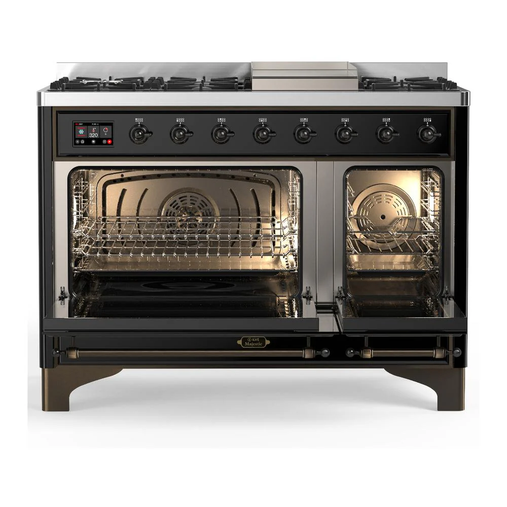 Ilve UM48FQNR3BKB Ilve Um48Fqnr3Bkb Majestic Iii 48 Inch Dual Fuel Range With 8 Burners And Griddle, Dual Function Burner Up To 25,000 Btu (Natural Gas, Solid Door, Glossy Black, Burnished) - Image 2