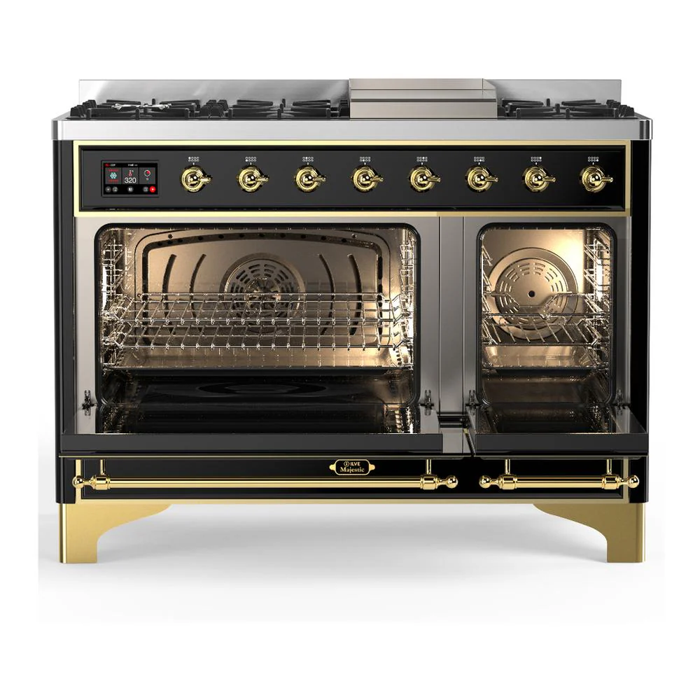 Ilve UM48FQNR3BKGLP Ilve Um48Fqnr3Bkglp Majestic Iii 48 Inch Dual Fuel Range With 8 Burners And Griddle, Dual Function Burner Up To 25,000 Btu (Liquid Propane, Solid Door, Glossy Black, Brass) - Image 2