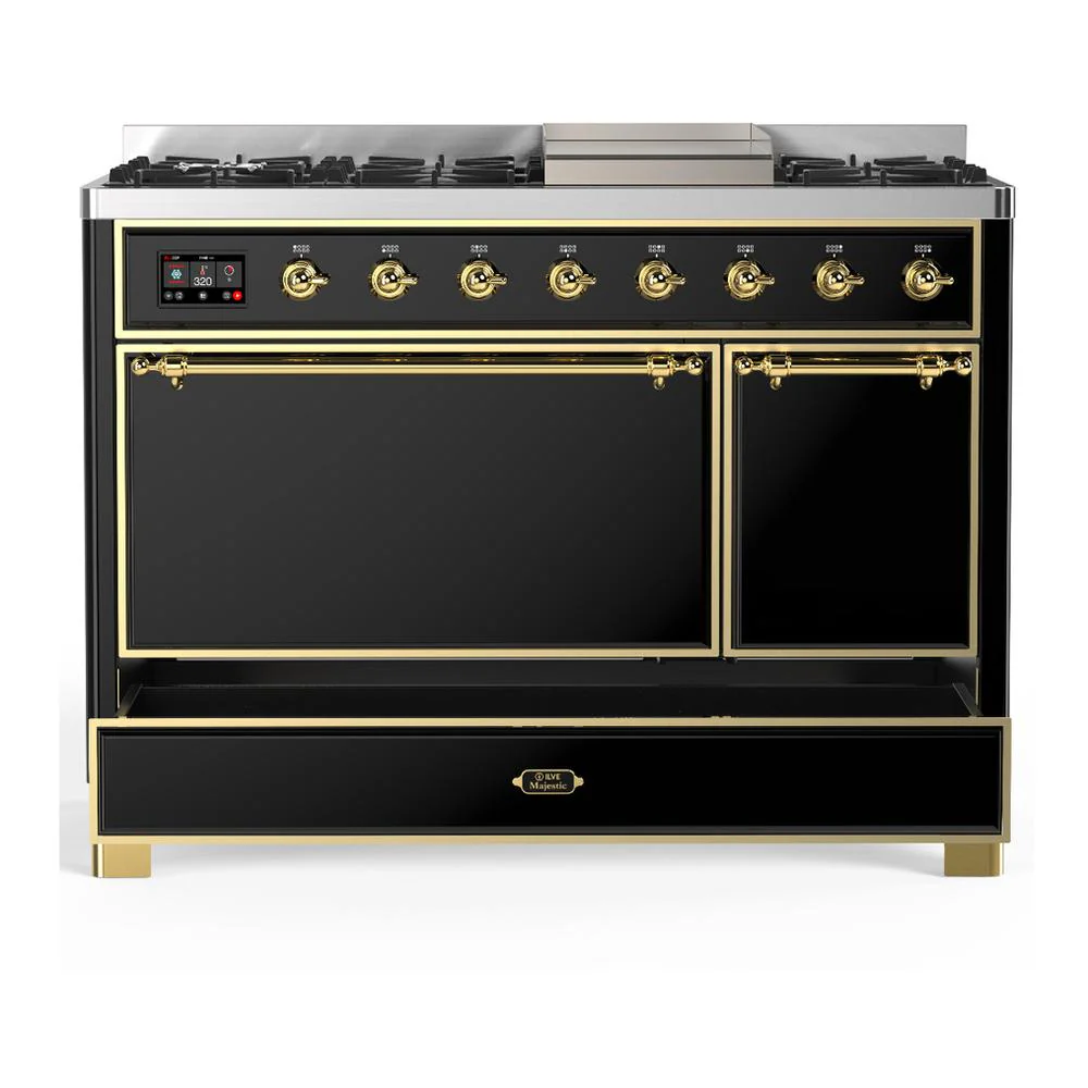 Ilve UM48FQNR3BKGLP Ilve Um48Fqnr3Bkglp Majestic Iii 48 Inch Dual Fuel Range With 8 Burners And Griddle, Dual Function Burner Up To 25,000 Btu (Liquid Propane, Solid Door, Glossy Black, Brass) - Image 5