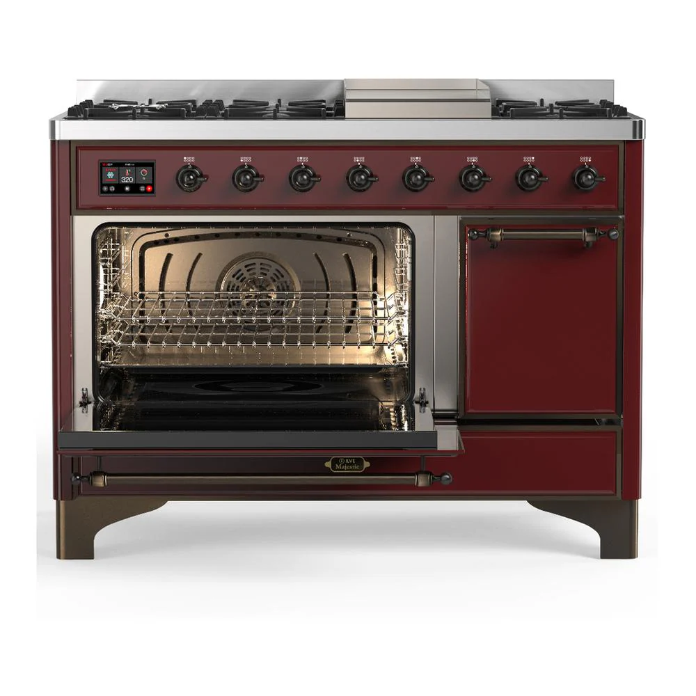 Ilve UM48FQNR3BUB Ilve Um48Fqnr3Bub Majestic Iii 48 Inch Dual Fuel Range With 8 Burners And Griddle, Dual Function Burner Up To 25,000 Btu (Natural Gas, Solid Door, Burgundy, Burnished) - Image 3