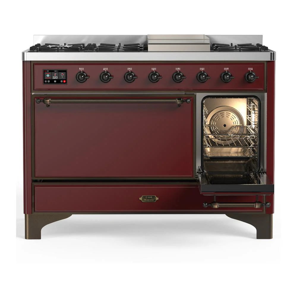 Ilve UM48FQNR3BUB Ilve Um48Fqnr3Bub Majestic Iii 48 Inch Dual Fuel Range With 8 Burners And Griddle, Dual Function Burner Up To 25,000 Btu (Natural Gas, Solid Door, Burgundy, Burnished) - Image 4