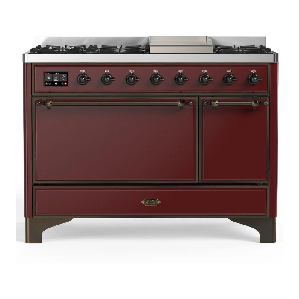 Ilve UM48FQNR3BUBLP Ilve Um48Fqnr3Bublp Majestic Iii 48 Inch Dual Fuel Range With 8 Burners And Griddle, Dual Function Burner Up To 25,000 Btu (Liquid Propane, Solid Door, Burgundy, Burnished)