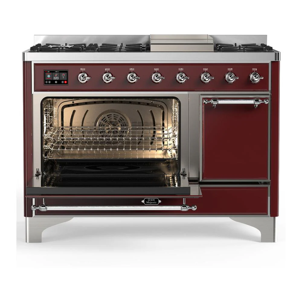 Ilve UM48FQNR3BUC Ilve Um48Fqnr3Buc Majestic Iii 48 Inch Dual Fuel Range With 8 Burners And Griddle, Dual Function Burner Up To 25,000 Btu (Natural Gas, Solid Door, Burgundy, Chrome) - Image 3