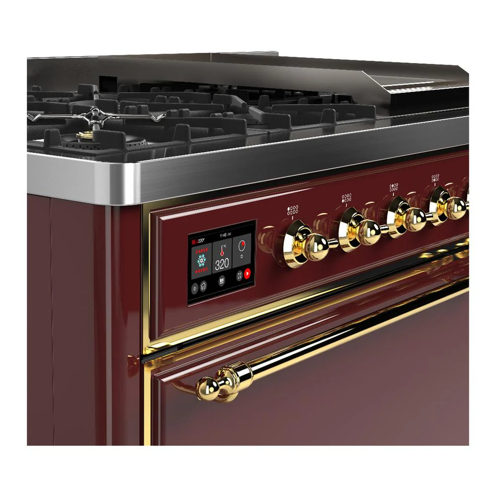 Ilve UM48FQNR3BUG Ilve Um48Fqnr3Bug Majestic Iii 48 Inch Dual Fuel Range With 8 Burners And Griddle, Dual Function Burner Up To 25,000 Btu (Natural Gas, Solid Door, Burgundy, Brass) - Image 7