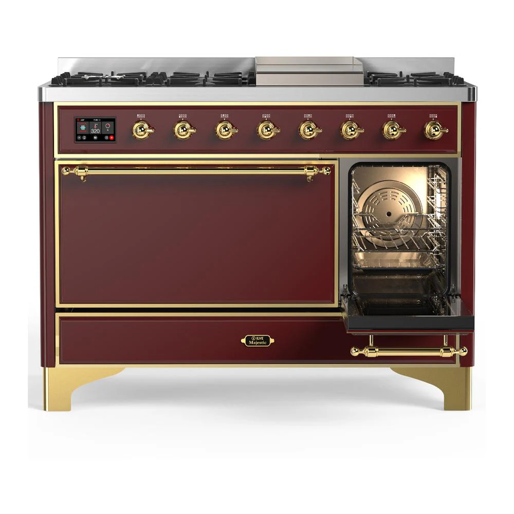 Ilve UM48FQNR3BUGLP Ilve Um48Fqnr3Buglp Majestic Iii 48 Inch Dual Fuel Range With 8 Burners And Griddle, Dual Function Burner Up To 25,000 Btu (Liquid Propane, Solid Door, Burgundy, Brass) - Image 4
