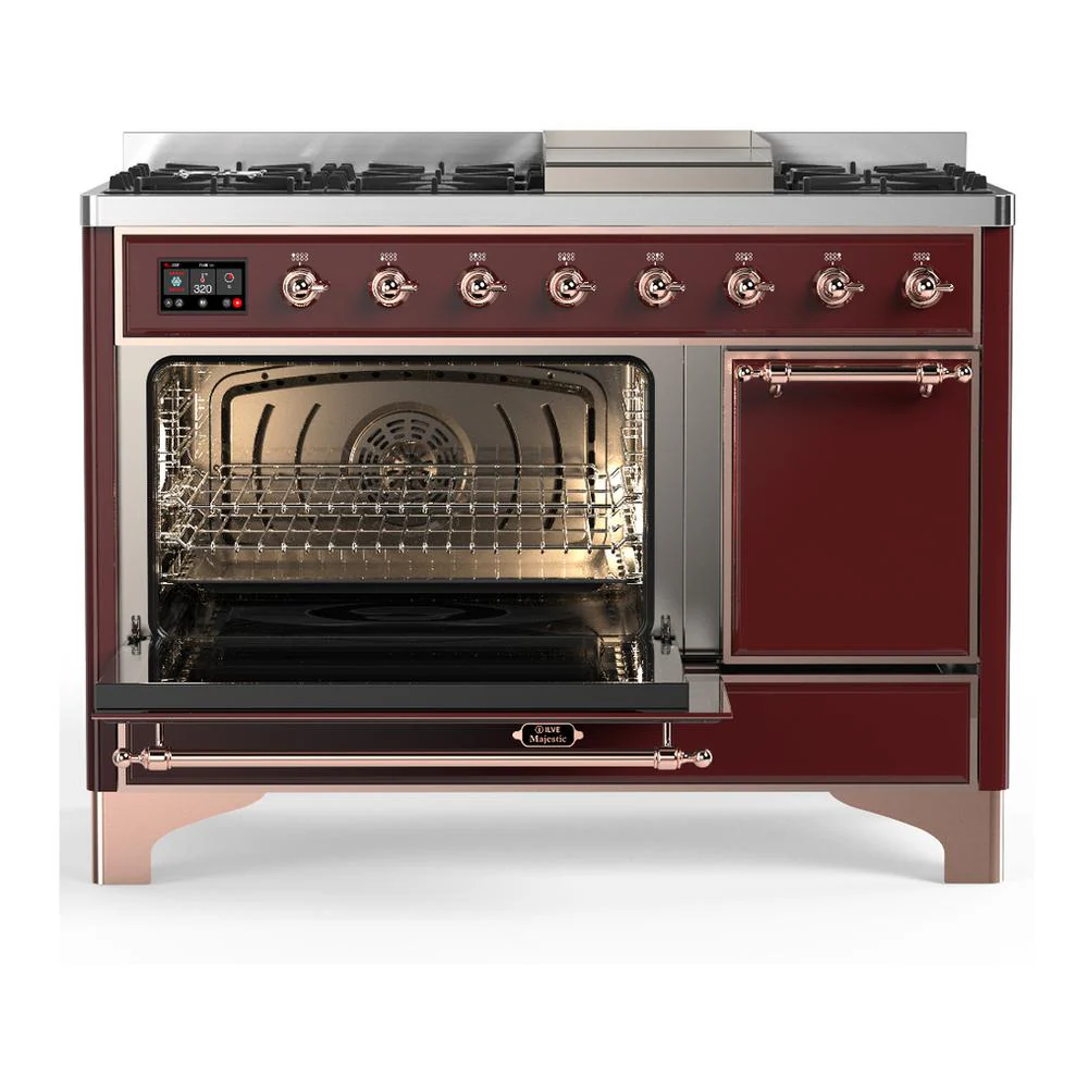 Ilve UM48FQNR3BUP Ilve Um48Fqnr3Bup Majestic Iii 48 Inch Dual Fuel Range With 8 Burners And Griddle, Dual Function Burner Up To 25,000 Btu (Natural Gas, Solid Door, Burgundy, Copper) - Image 3