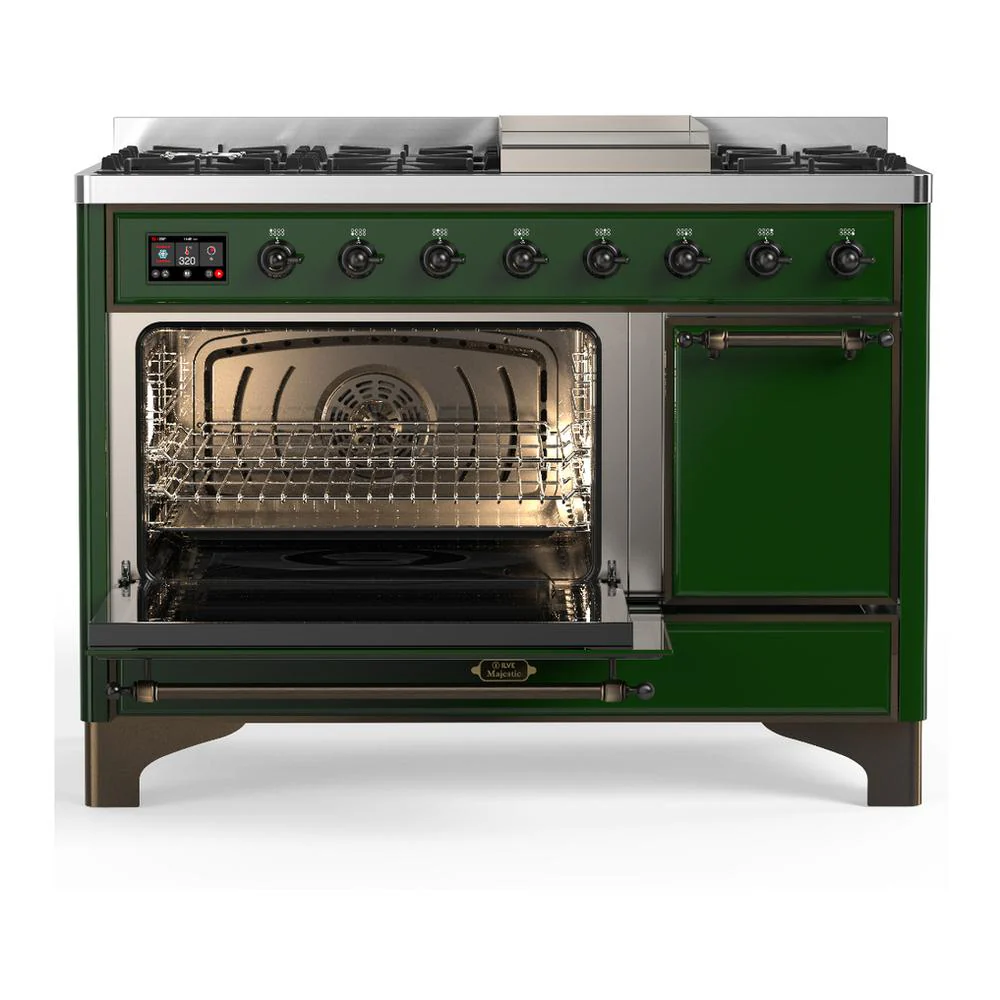 Ilve UM48FQNR3EGB Ilve Um48Fqnr3Egb Majestic Iii 48 Inch Dual Fuel Range With 8 Burners And Griddle, Dual Function Burner Up To 25,000 Btu (Natural Gas, Solid Door, Emerald Green, Burnished) - Image 3