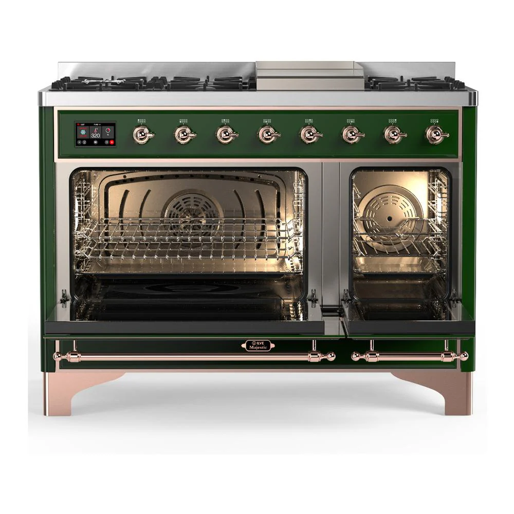 Ilve UM48FQNR3EGP Ilve Um48Fqnr3Egp Majestic Iii 48 Inch Dual Fuel Range With 8 Burners And Griddle, Dual Function Burner Up To 25,000 Btu (Natural Gas, Solid Door, Emerald Green, Copper) - Image 2