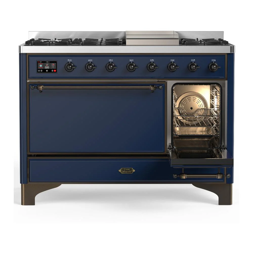 Ilve UM48FQNR3MBB Ilve Um48Fqnr3Mbb Majestic Iii 48 Inch Dual Fuel Range With 8 Burners And Griddle, Dual Function Burner Up To 25,000 Btu (Natural Gas, Solid Door, Midnight Blue, Burnished) - Image 4