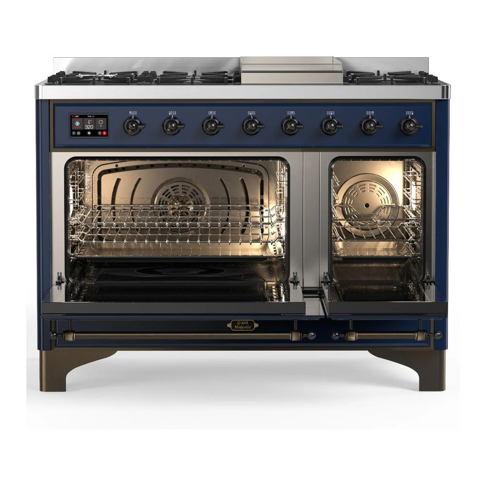 Ilve UM48FQNR3MBBLP Ilve Um48Fqnr3Mbblp Majestic Iii 48 Inch Dual Fuel Range With 8 Burners And Griddle, Dual Function Burner Up To 25,000 Btu (Liquid Propane, Solid Door, Midnight Blue, Burnished) - Image 2