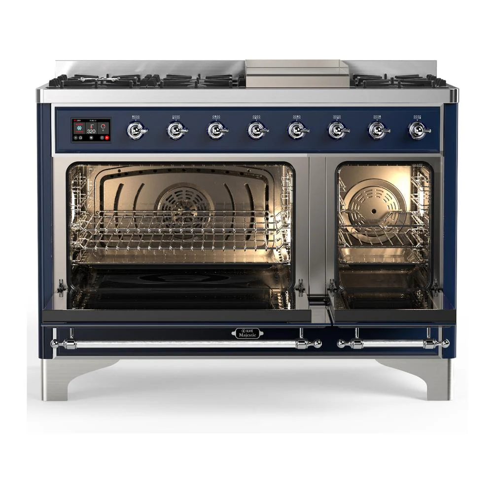 Ilve UM48FQNR3MBC Ilve Um48Fqnr3Mbc Majestic Iii 48 Inch Dual Fuel Range With 8 Burners And Griddle, Dual Function Burner Up To 25,000 Btu (Natural Gas, Solid Door, Midnight Blue, Chrome) - Image 2