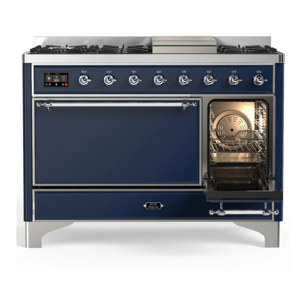 Ilve UM48FQNR3MBC Ilve Um48Fqnr3Mbc Majestic Iii 48 Inch Dual Fuel Range With 8 Burners And Griddle, Dual Function Burner Up To 25,000 Btu (Natural Gas, Solid Door, Midnight Blue, Chrome) - Image 4