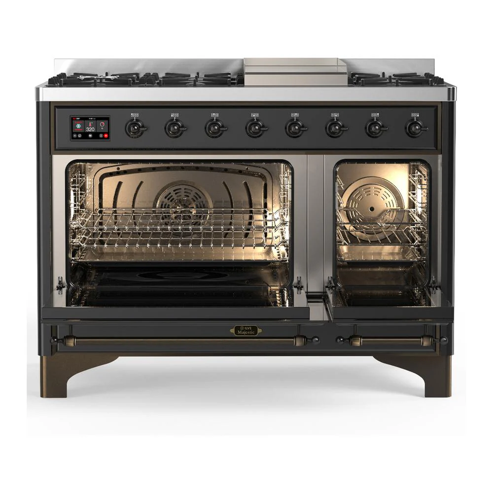 Ilve UM48FQNR3MGBLP Ilve Um48Fqnr3Mgblp Majestic Iii 48 Inch Dual Fuel Range With 8 Burners And Griddle, Dual Function Burner Up To 25,000 Btu (Liquid Propane, Solid Door, Graphite Matte, Burnished) - Image 2