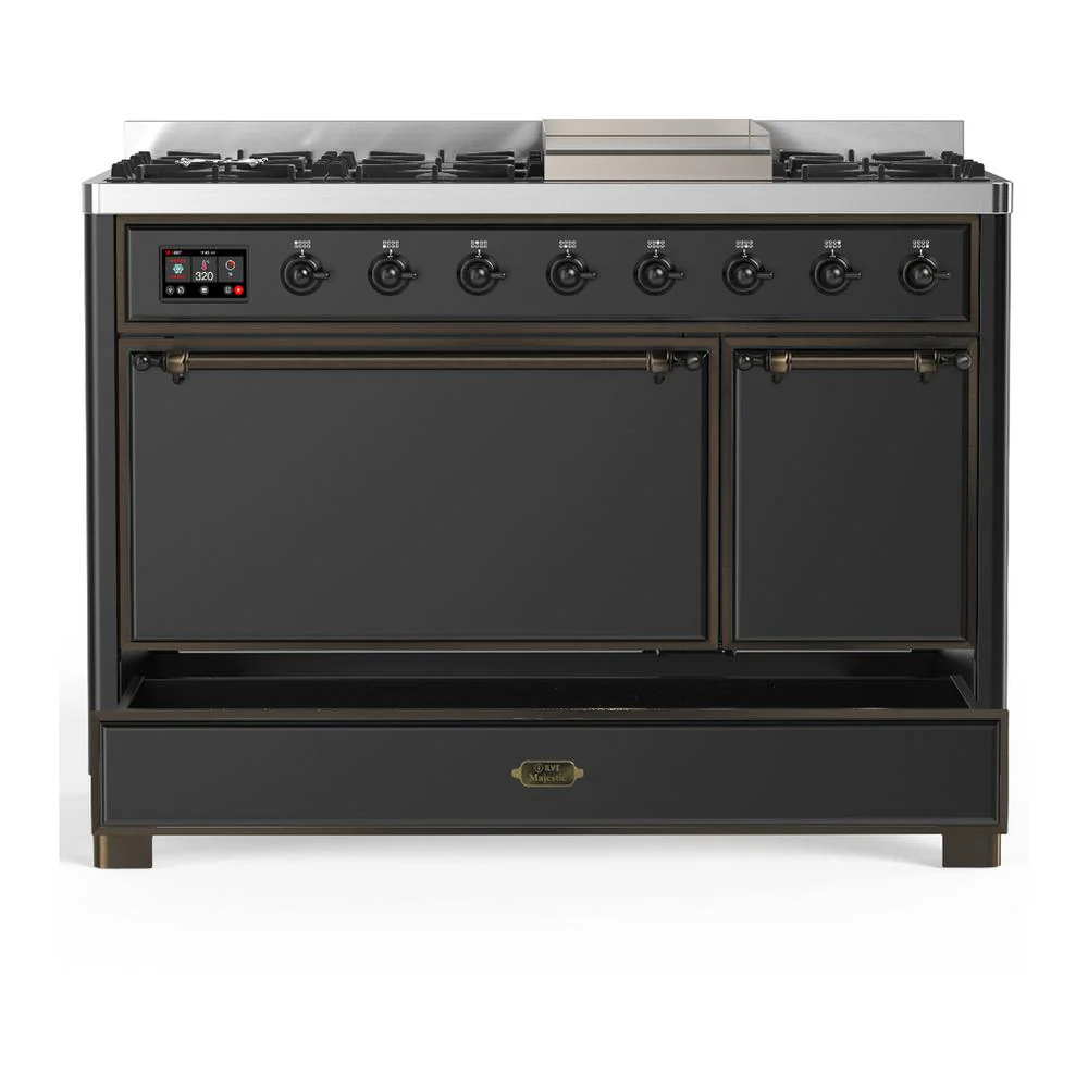 Ilve UM48FQNR3MGBLP Ilve Um48Fqnr3Mgblp Majestic Iii 48 Inch Dual Fuel Range With 8 Burners And Griddle, Dual Function Burner Up To 25,000 Btu (Liquid Propane, Solid Door, Graphite Matte, Burnished) - Image 5