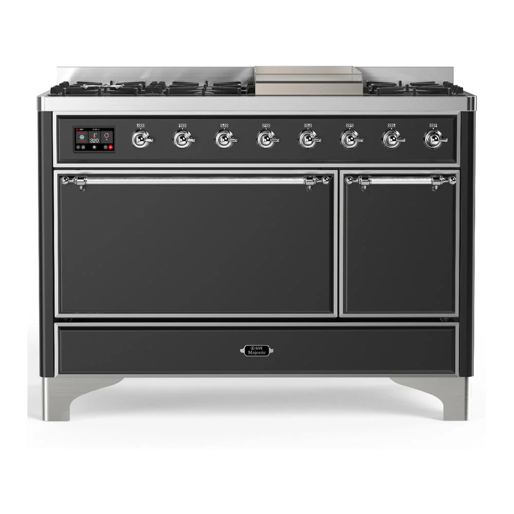 Ilve UM48FQNR3MGCLP Ilve Um48Fqnr3Mgclp Majestic Iii 48 Inch Dual Fuel Range With 8 Burners And Griddle, Dual Function Burner Up To 25,000 Btu (Liquid Propane, Solid Door, Graphite Matte, Chrome)