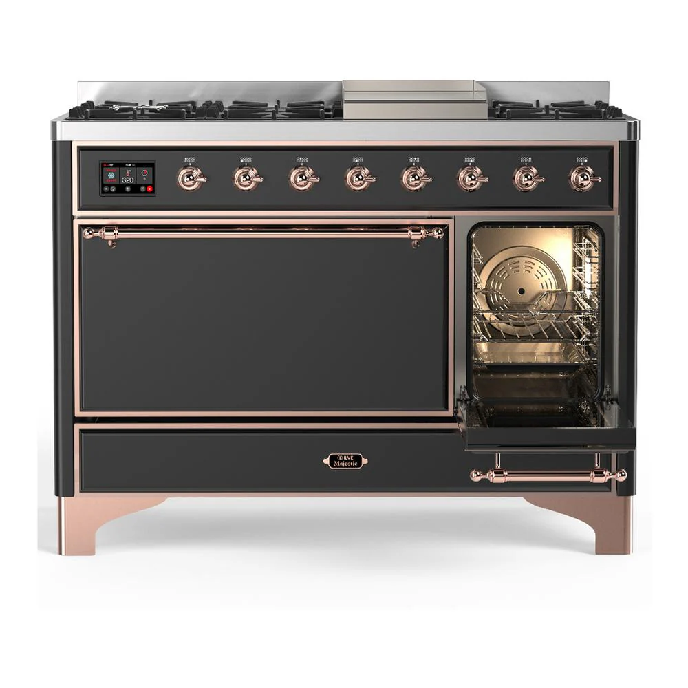Ilve UM48FQNR3MGP Ilve Um48Fqnr3Mgp Majestic Iii 48 Inch Dual Fuel Range With 8 Burners And Griddle, Dual Function Burner Up To 25,000 Btu (Natural Gas, Solid Door, Graphite Matte, Copper) - Image 4