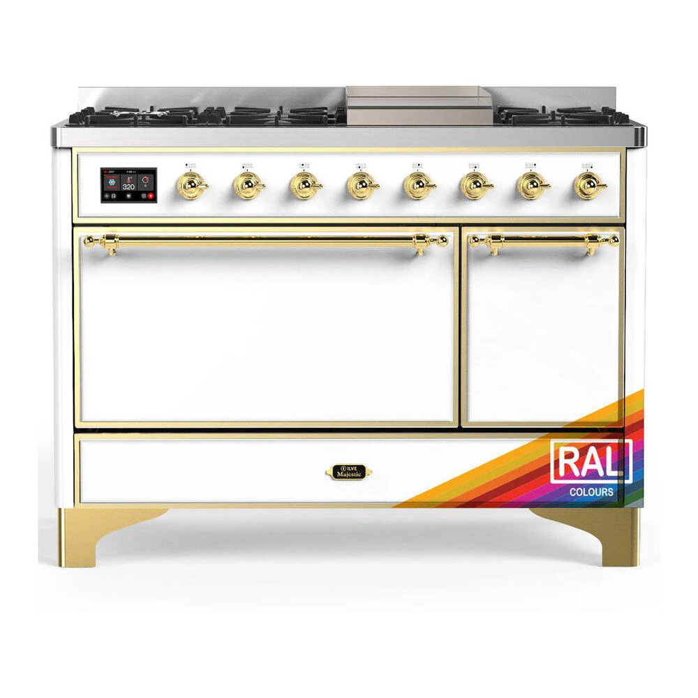 Ilve UM48FQNR3RAG Ilve Um48Fqnr3Rag Majestic Iii 48 Inch Dual Fuel Range With 8 Burners And Griddle, Dual Function Burner Up To 25,000 Btu (Natural Gas, Solid Door, Ral, Brass)