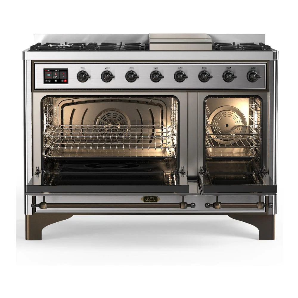 Ilve UM48FQNR3SSB Ilve Um48Fqnr3Ssb Majestic Iii 48 Inch Dual Fuel Range With 8 Burners And Griddle, Dual Function Burner Up To 25,000 Btu (Natural Gas, Solid Door, Stainless Steel, Burnished) - Image 2