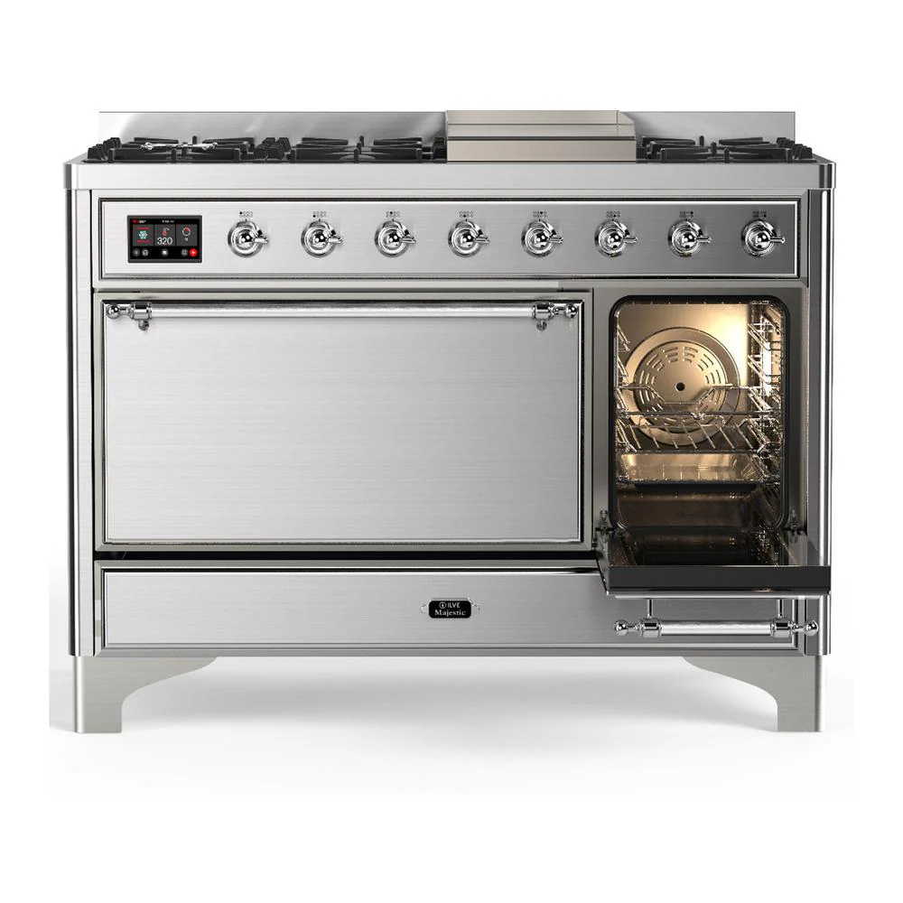 Ilve UM48FQNR3SSCLP Ilve Um48Fqnr3Ssclp Majestic Iii 48 Inch Dual Fuel Range With 8 Burners And Griddle, Dual Function Burner Up To 25,000 Btu (Liquid Propane, Solid Door, Stainless Steel, Chrome) - Image 4
