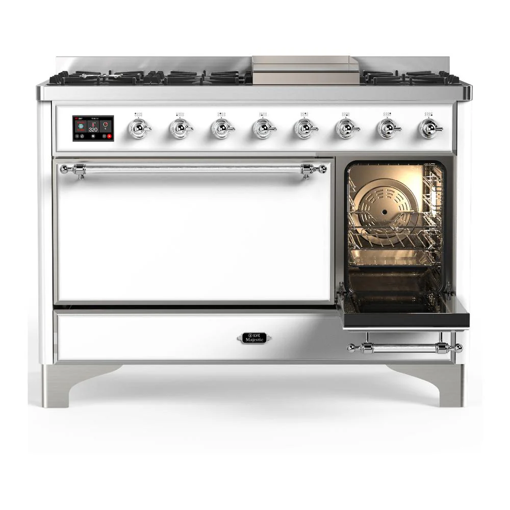 Ilve UM48FQNR3WHC Ilve Um48Fqnr3Whc Majestic Iii 48 Inch Dual Fuel Range With 8 Burners And Griddle, Dual Function Burner Up To 25,000 Btu (Natural Gas, Solid Door, White, Chrome) - Image 4