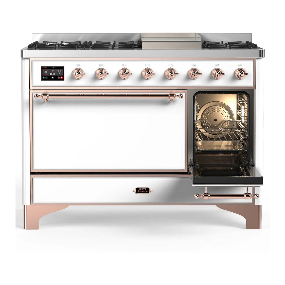 Ilve UM48FQNR3WHPLP Ilve Um48Fqnr3Whplp Majestic Iii 48 Inch Dual Fuel Range With 8 Burners And Griddle, Dual Function Burner Up To 25,000 Btu (Liquid Propane, Solid Door, White, Copper) - Image 4