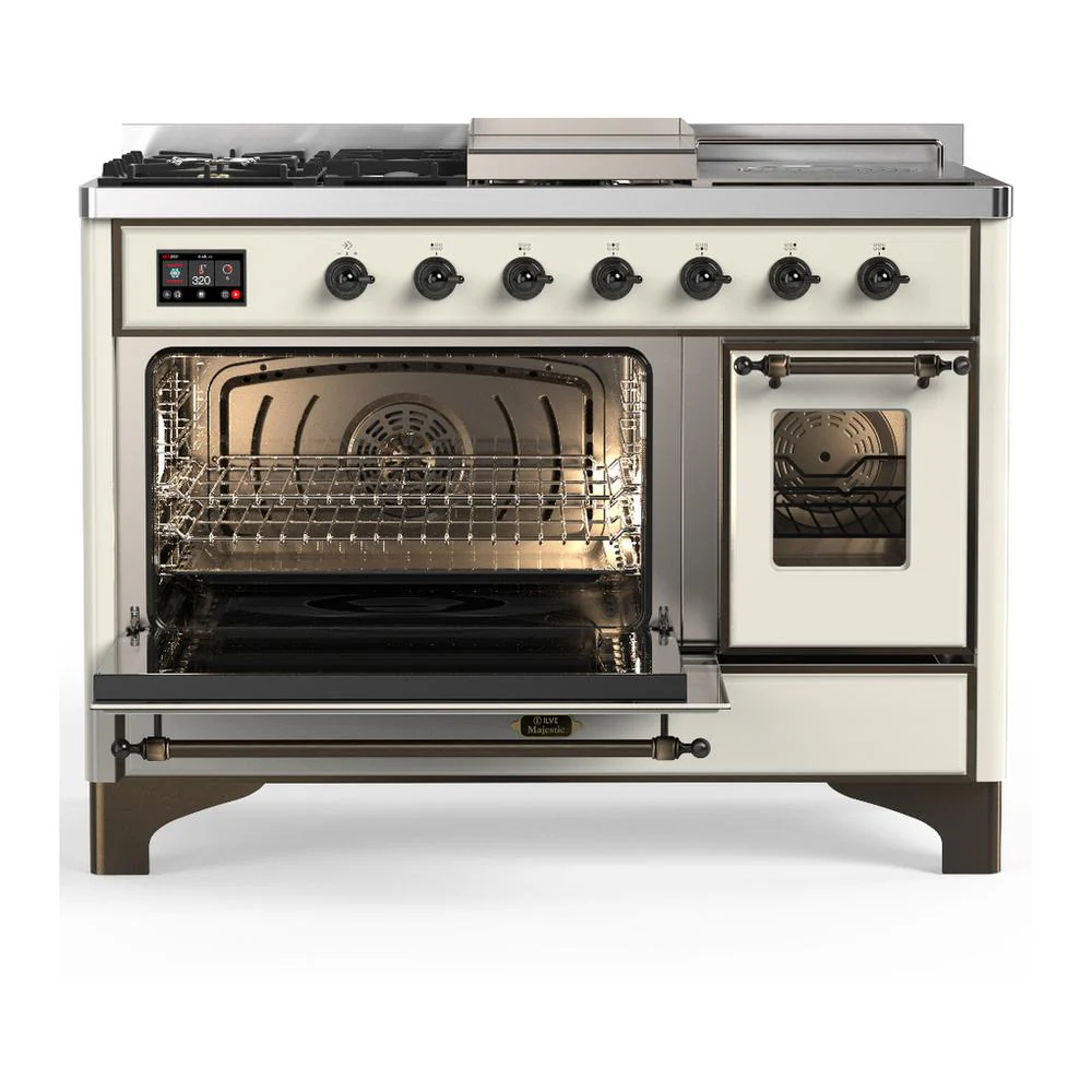 Ilve UM48FSNR3AWB Ilve Um48Fsnr3Awb Majestic Iii 48 Inch Dual Fuel Range With 5 Black Brass Burners, Griddle And French Top, Dual Function Burner Up To 25,000 Btu (Natural Gas, Triple Glass Door, Antique White, Burnished) - Image 3