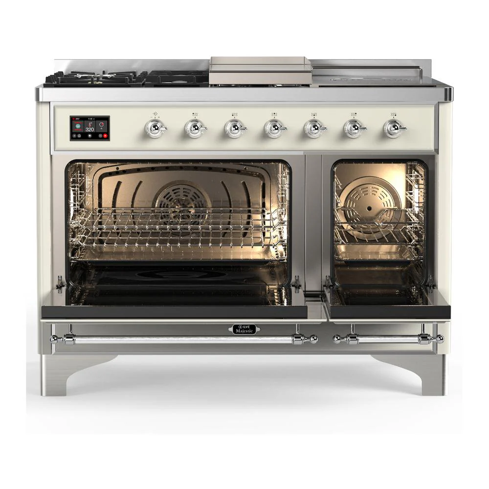 Ilve UM48FSNR3AWC Ilve Um48Fsnr3Awc Majestic Iii 48 Inch Dual Fuel Range With 5 Black Brass Burners, Griddle And French Top, Dual Function Burner Up To 25,000 Btu (Natural Gas, Triple Glass Door, Antique White, Chrome) - Image 2