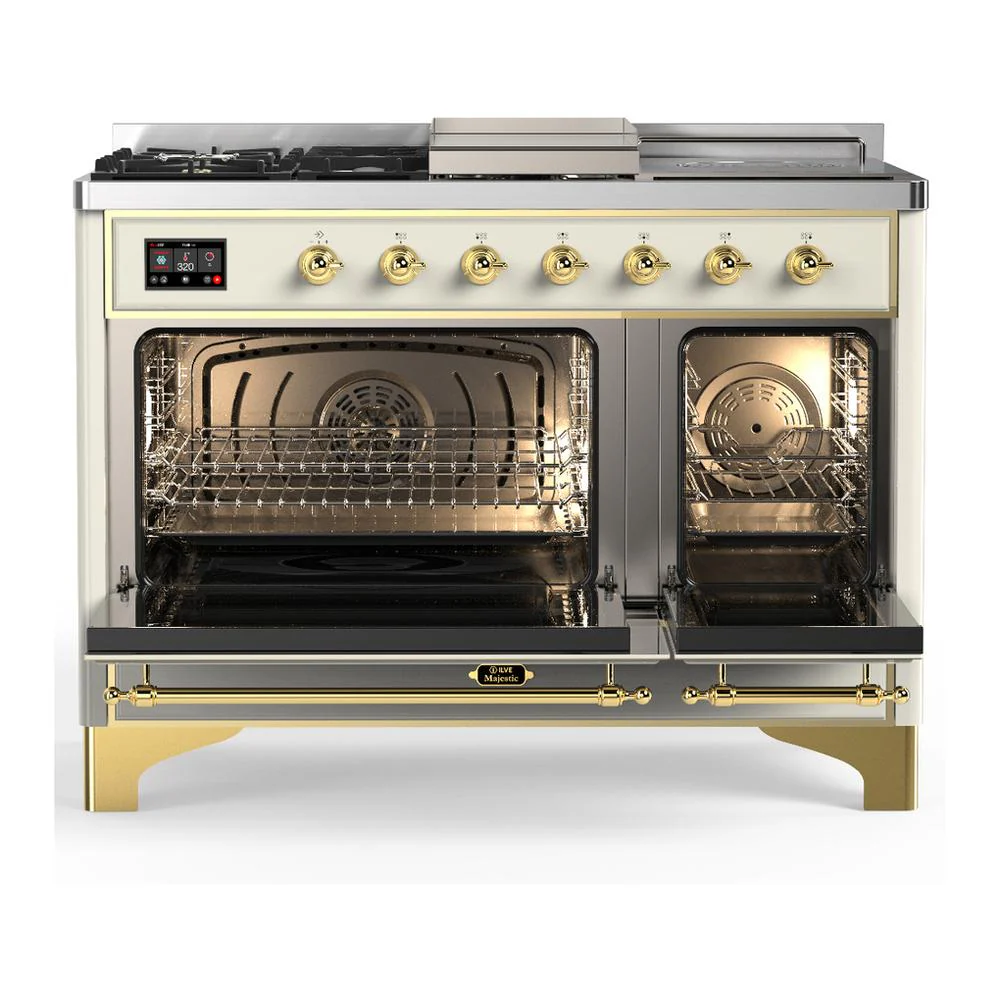 Ilve UM48FSNR3AWGLP Ilve Um48Fsnr3Awglp Majestic Iii 48 Inch Dual Fuel Range With 5 Black Brass Burners, Griddle And French Top, Dual Function Burner Up To 25,000 Btu (Liquid Propane, Triple Glass Door, Antique White, Brass) - Image 2